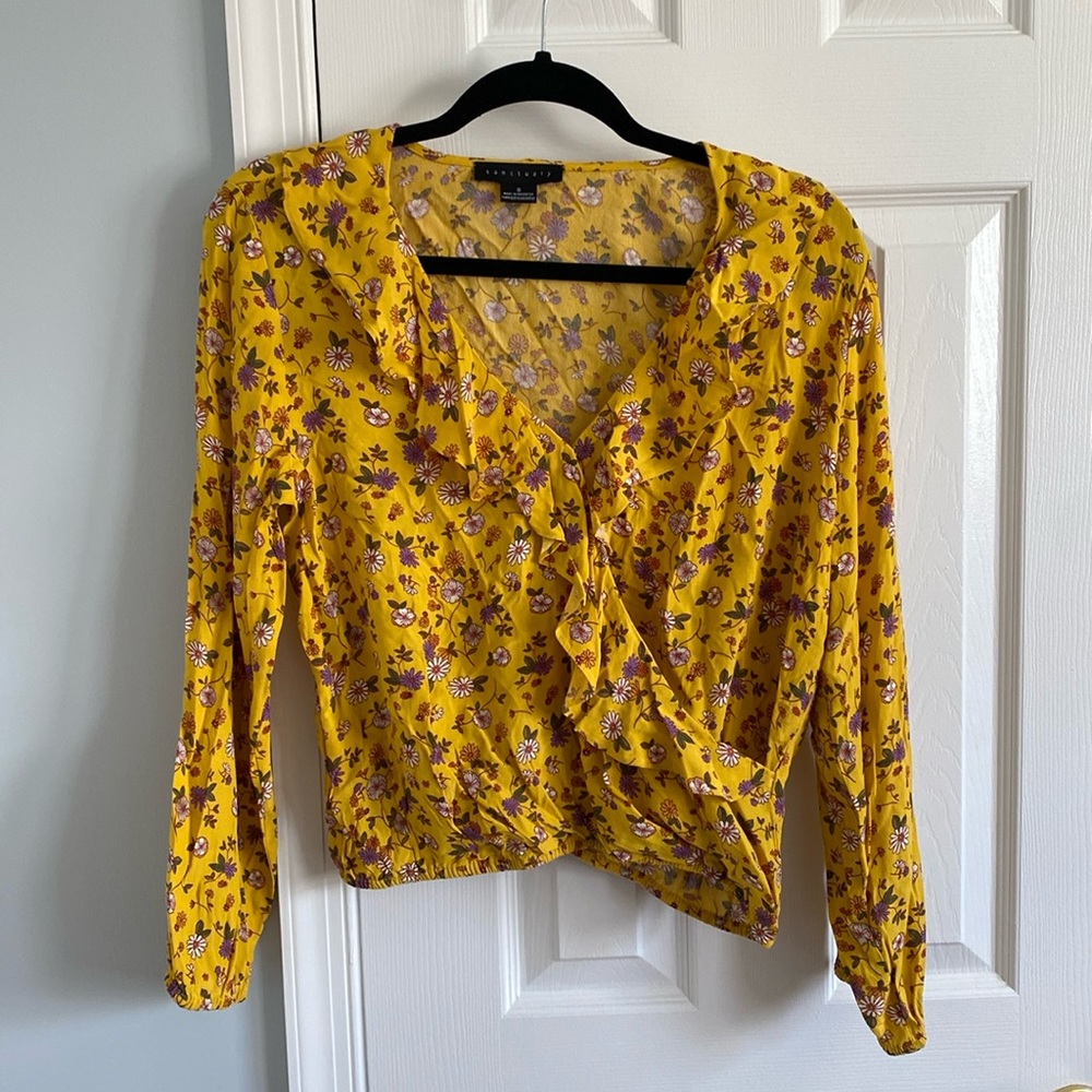 Sanctuary Mustard Yellow Floral Ruffle V-Neck Long Sleeve Blouse Top Womens Sz S